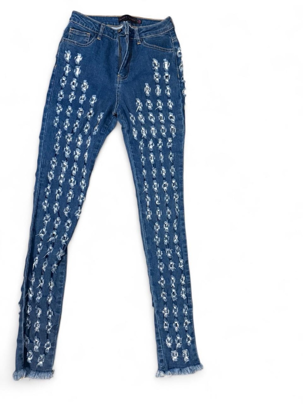 Embellished Skinny Jeans in Blue with Distressed Pattern